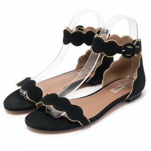 Tabitha Simmons Black Suede Scallop Strap Sandals Leather Gold Trim Size 36